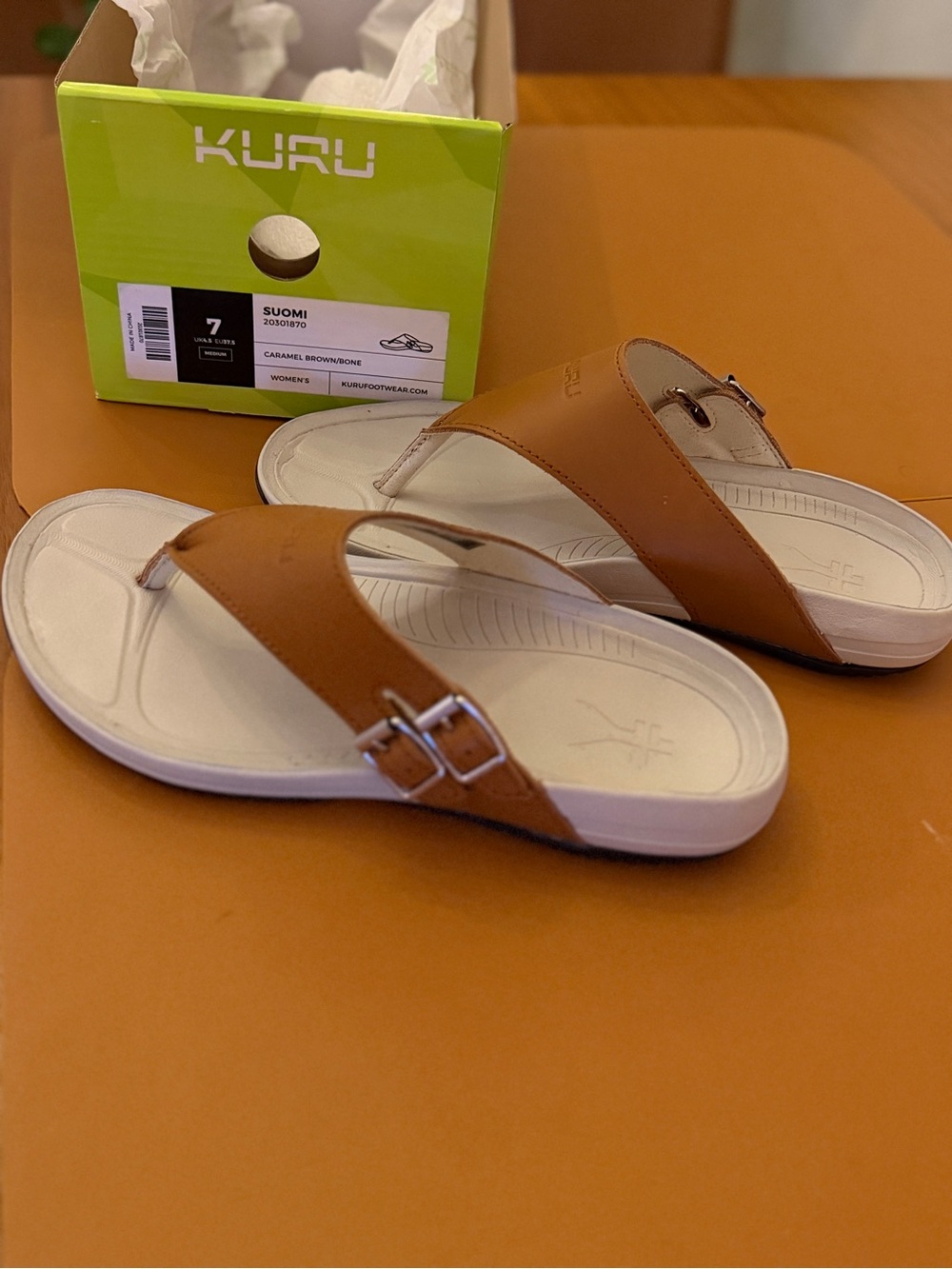 KURU Suomi Caramel Brown/ Bone Leather Thong Sandals with Buckle
